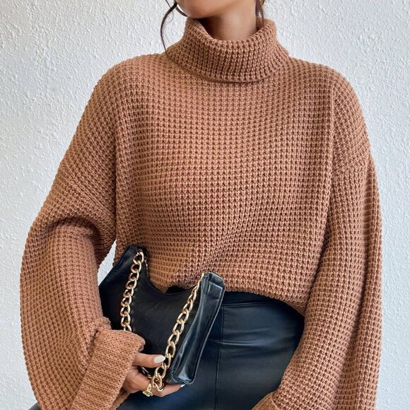 Camel Casual Women's Turtleneck Drop Shoulder Waffle Knit Sweater - Picture 6 of 6